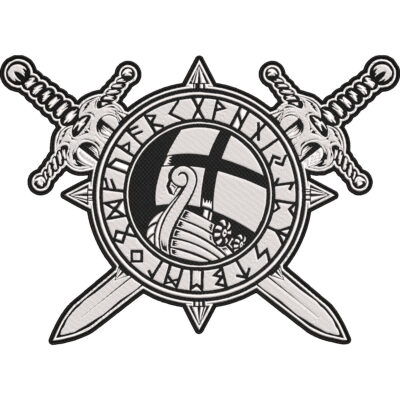 Viking Longship Rune Patch – Norse Runic Circle Viking Ship Embroidered Back Patch with Viking Swords 30x21cm-12x9"