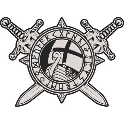 Viking Longship Rune Patch – Norse Runic Circle Viking Ship Embroidered Back Patch with Viking Swords 30x21cm-12x9"