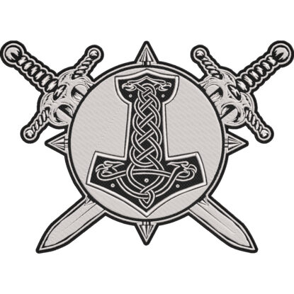Viking Mjolnir Knotwork Patch – Thor’s Hammer Norse Symbol Embroidered Back Patch with Viking Swords 30x21cm-12x9"