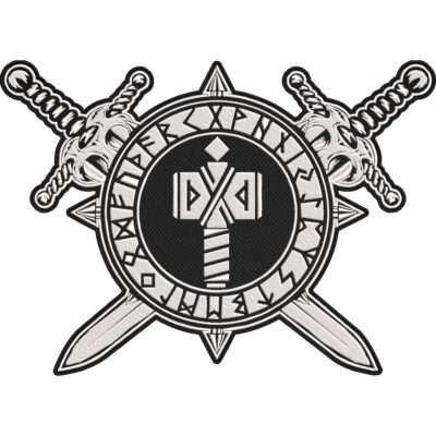 Viking Mjölnir Thor Hammer Rune Circle with Crossed Swords Embroidered Patch – Norse Mythology Symbol 30x21cm-12x9"