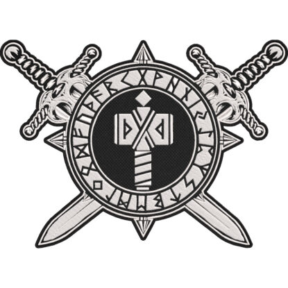 Viking Mjölnir Thor Hammer Rune Circle with Crossed Swords Embroidered Patch – Norse Mythology Symbol 30x21cm-12x9"