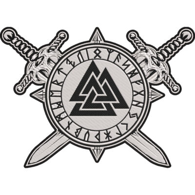 Viking Valknut Rune Circle with Crossed Swords Embroidered Patch – Norse Odin Symbol 30x21cm-12x9"
