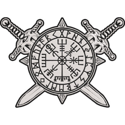 Viking Vegvisir Rune Circle with Crossed Swords Embroidered Patch – Nordic Compass Symbol 30x21cm-12x9"