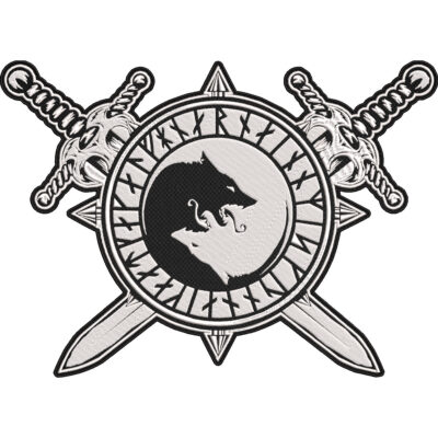 Viking Wolf Fenrir Rune Circle with Crossed Swords Embroidered Patch – Norse Mythology Wolf Symbol 30x21cm-12x9"