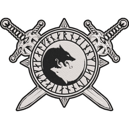 Viking Wolf Fenrir Rune Circle with Crossed Swords Embroidered Patch – Norse Mythology Wolf Symbol 30x21cm-12x9"